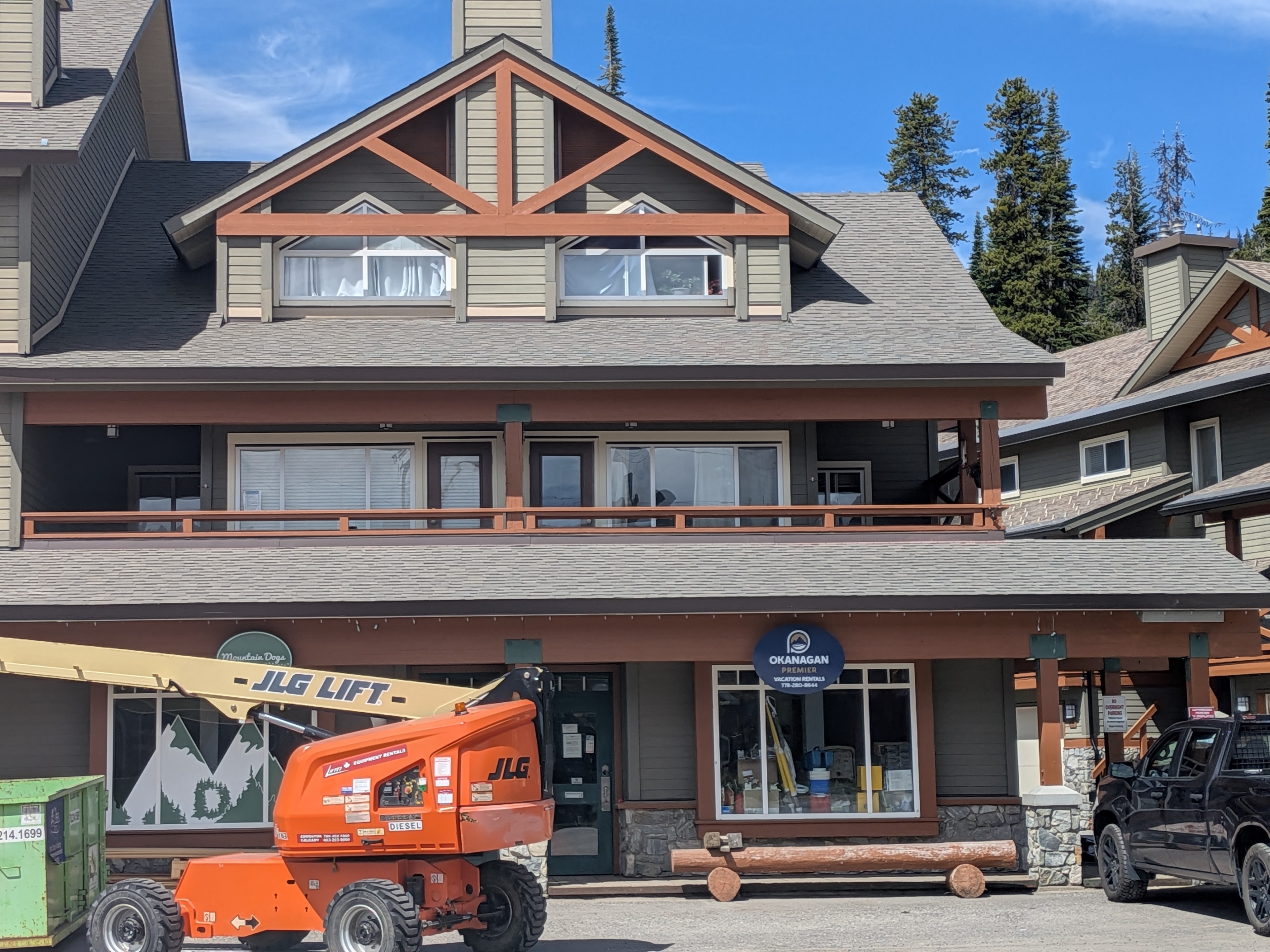 Close-up of completed shingle roof on Big White resort building