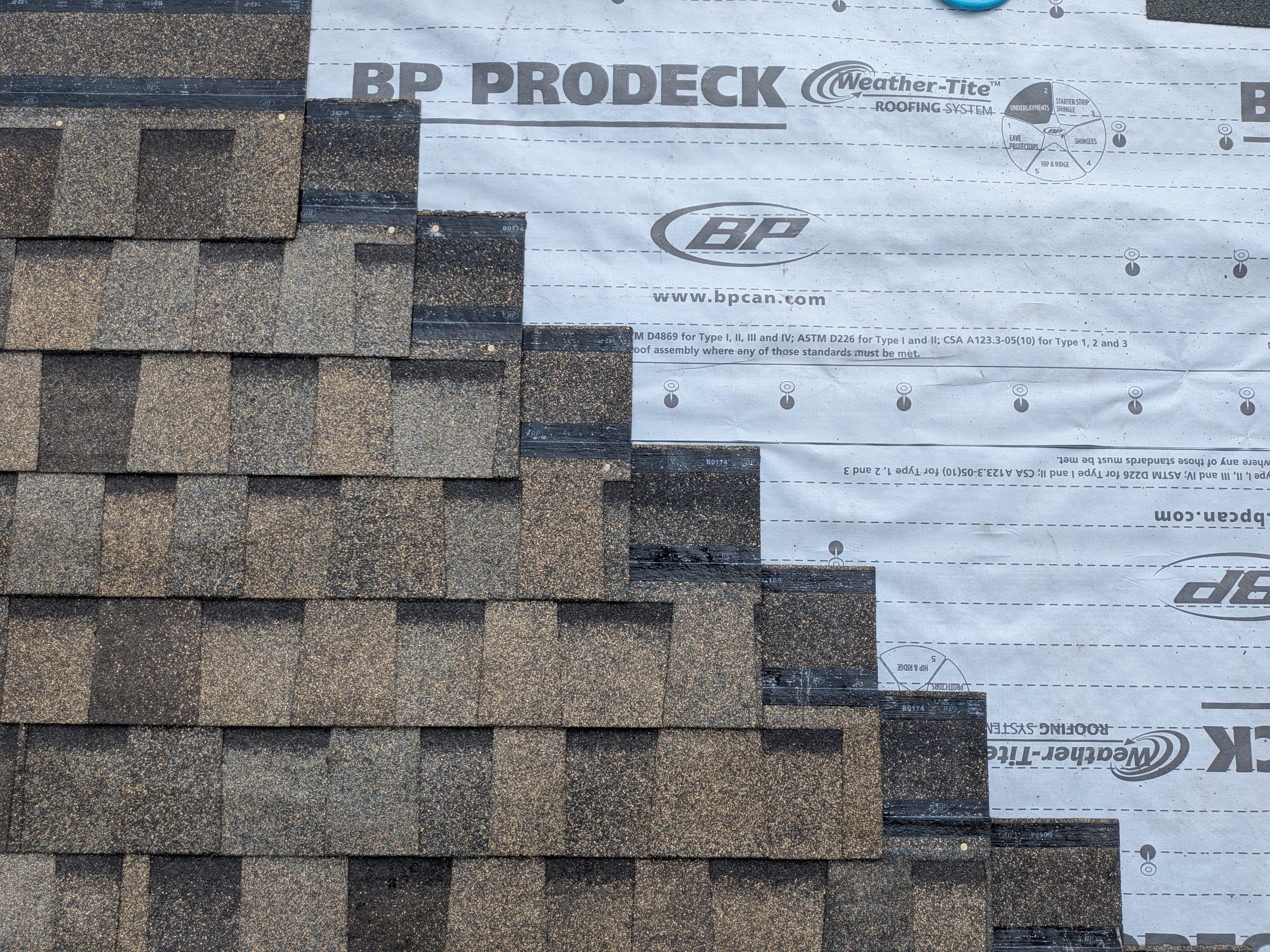 BP Prodeck underlayment installation with shingles being laid on residential roof
