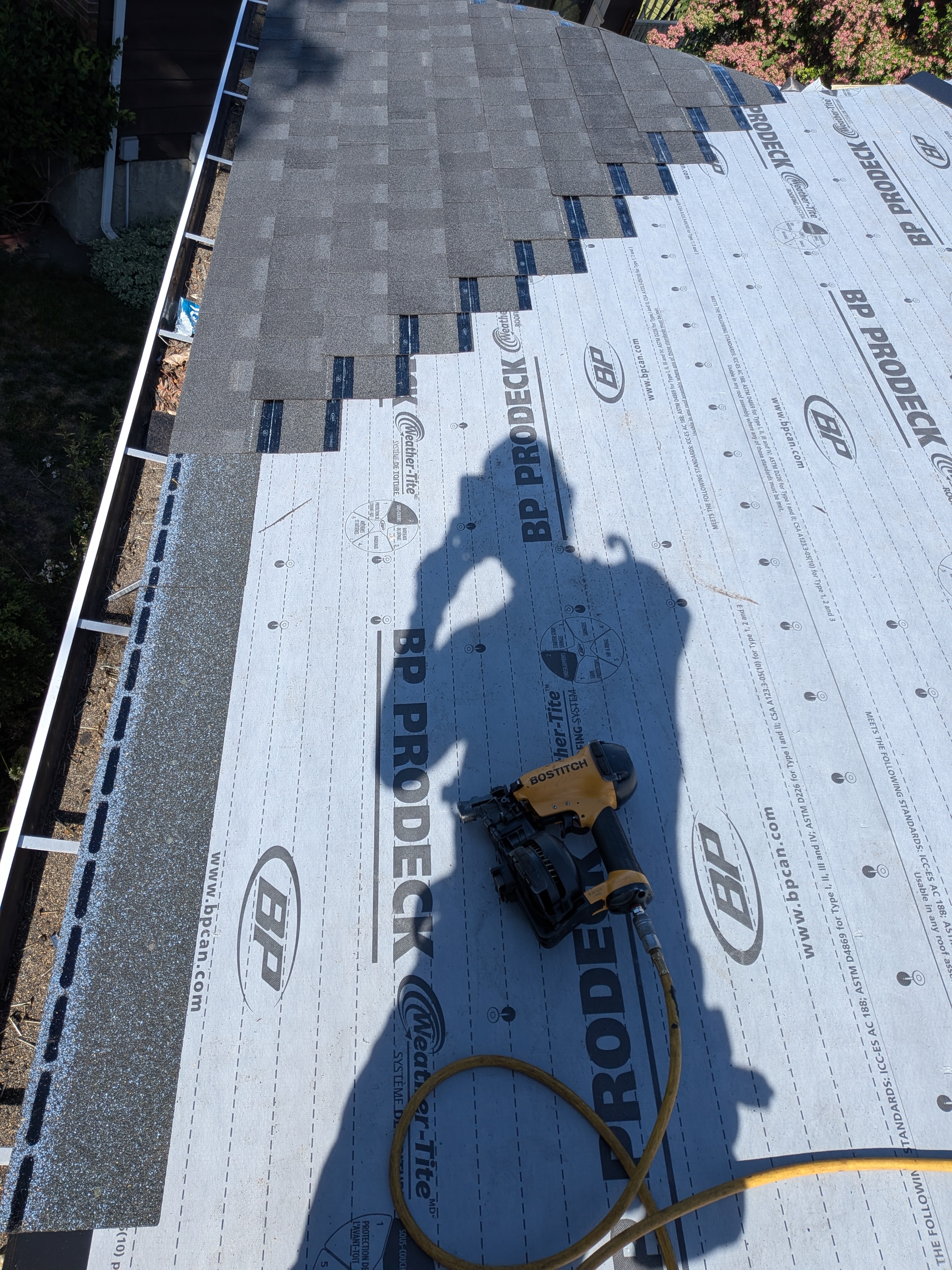 BP Prodeck underlayment laid with Bostitch nail gun on residential reroof
